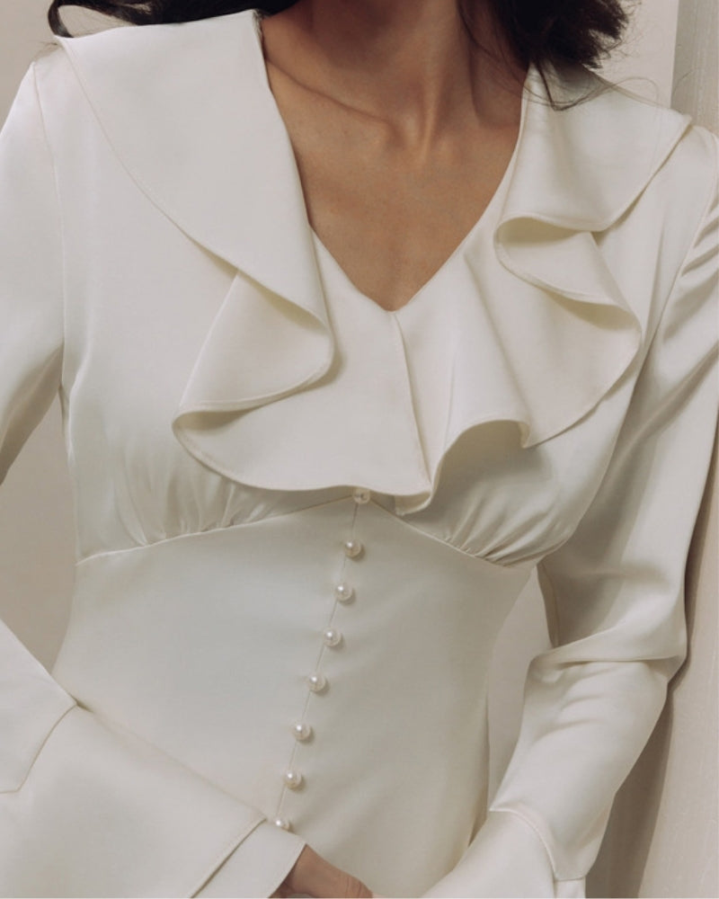 Pearl Button Ruffle Midi Dress